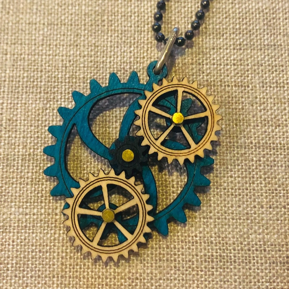 Wooden Gear Pendant Necklace (teal)